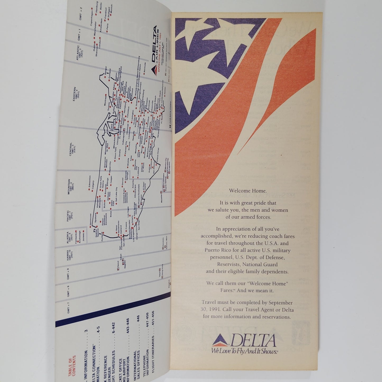 Delta Air Lines Timetable – July 1, 1991 – Statue of Liberty Cover – 456 Pages