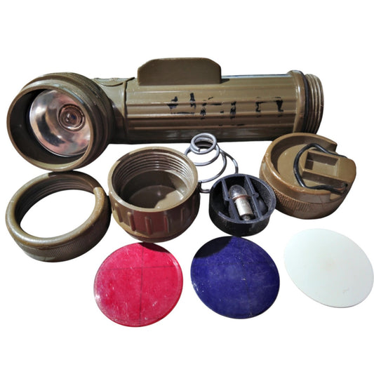 Fulton MX-99I/U Military Surplus Flashlight w/ Red, Blue, White Lens, Extra Bulb