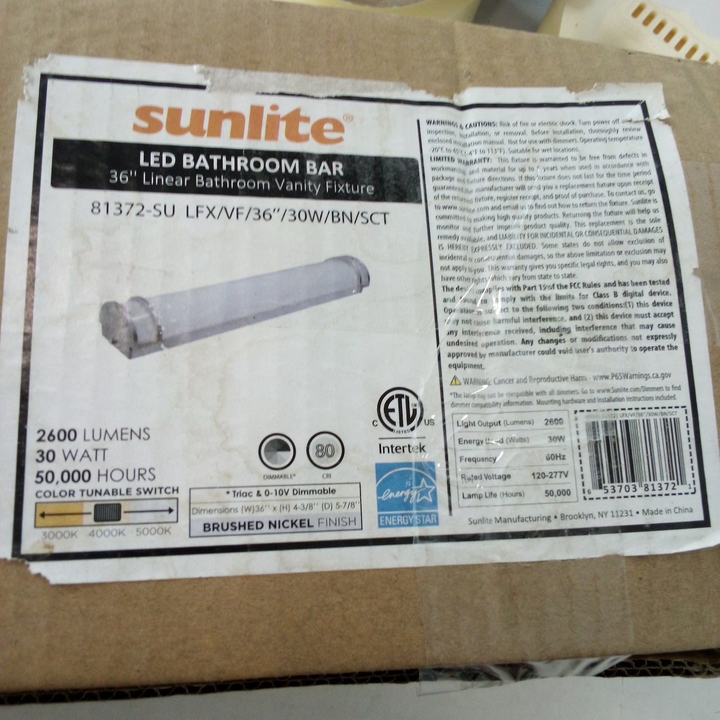 Sunlite 36" LED Half‑Cylinder Vanity Light – 30W 3‑CCT – Brushed Nickel – 81372