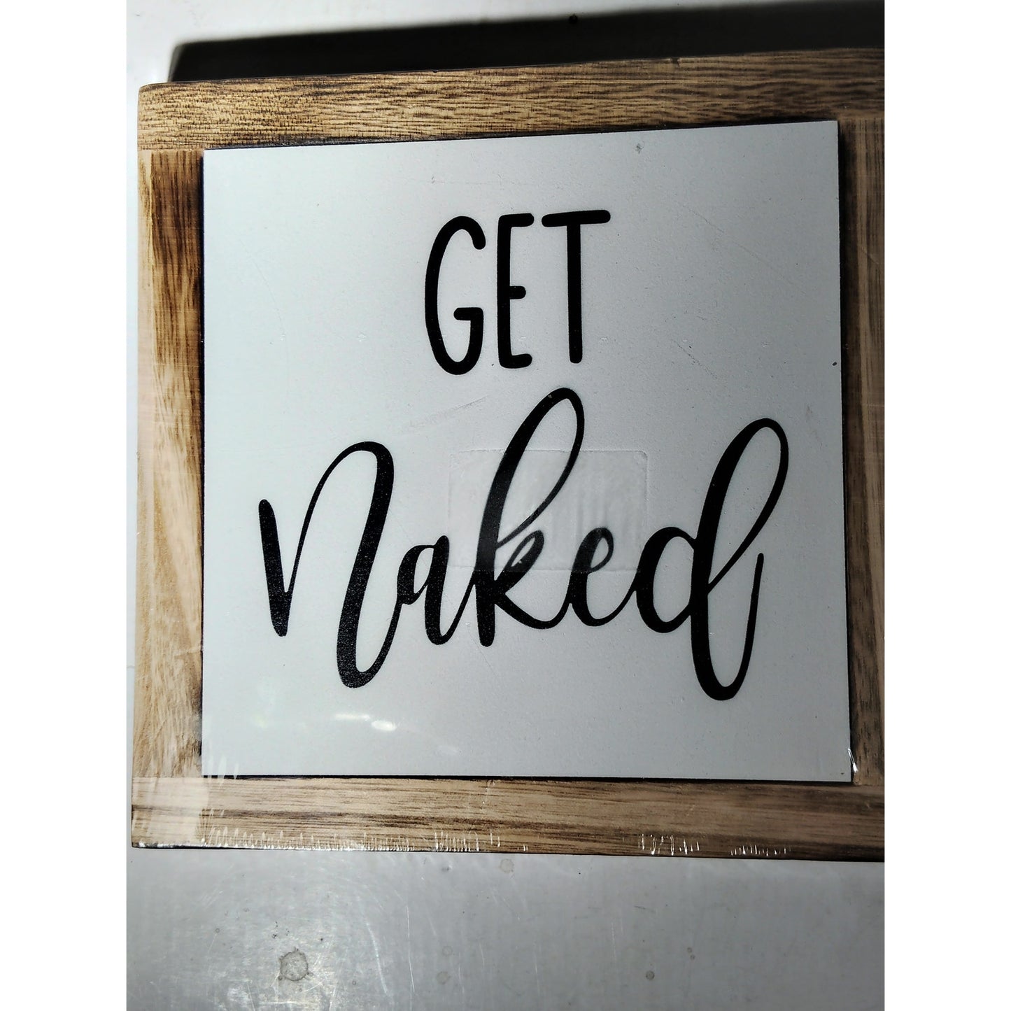 Get Naked Bathroom Sign – Funny Rustic Wood Plaque, 7.9" Sq., Bathroom Décor