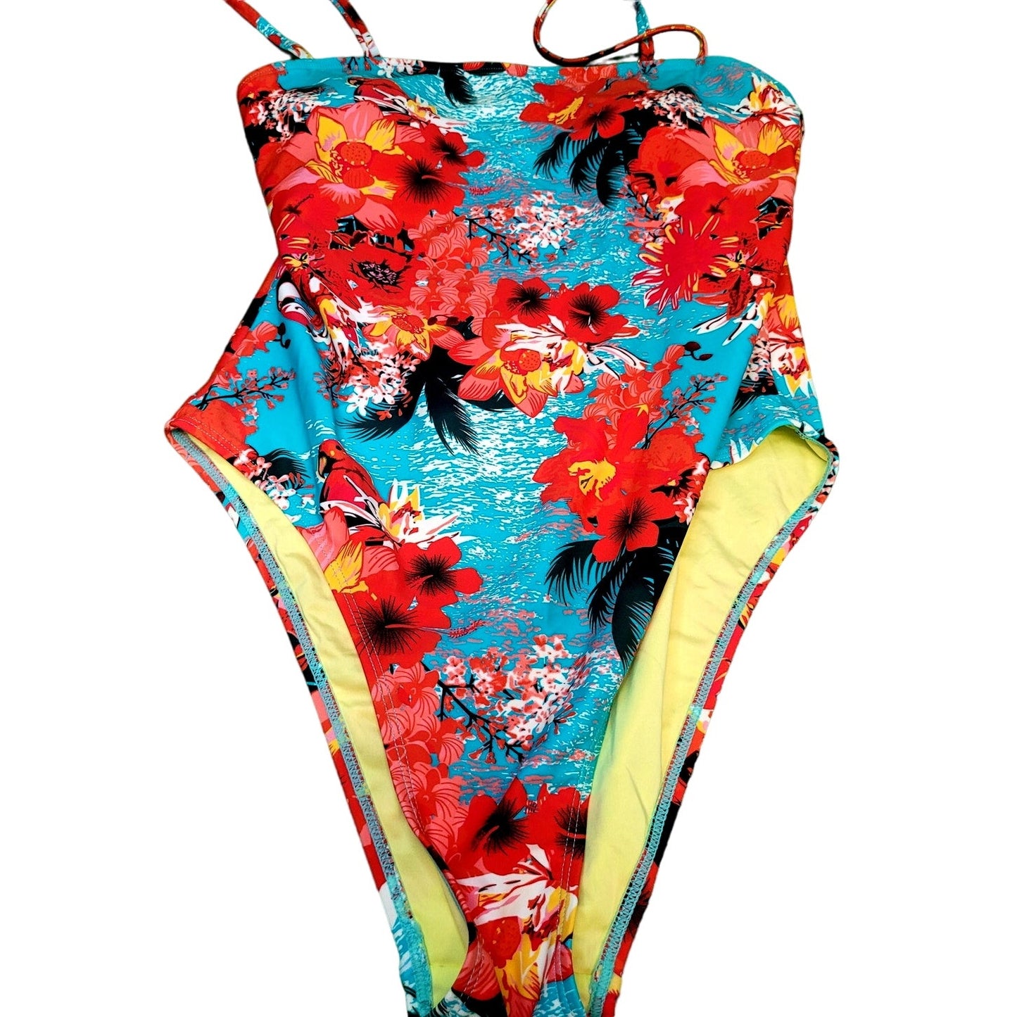 RELLECIGA Women's Blue Floral Neckline One Piece Swimsuit Straps Size L (12-14)