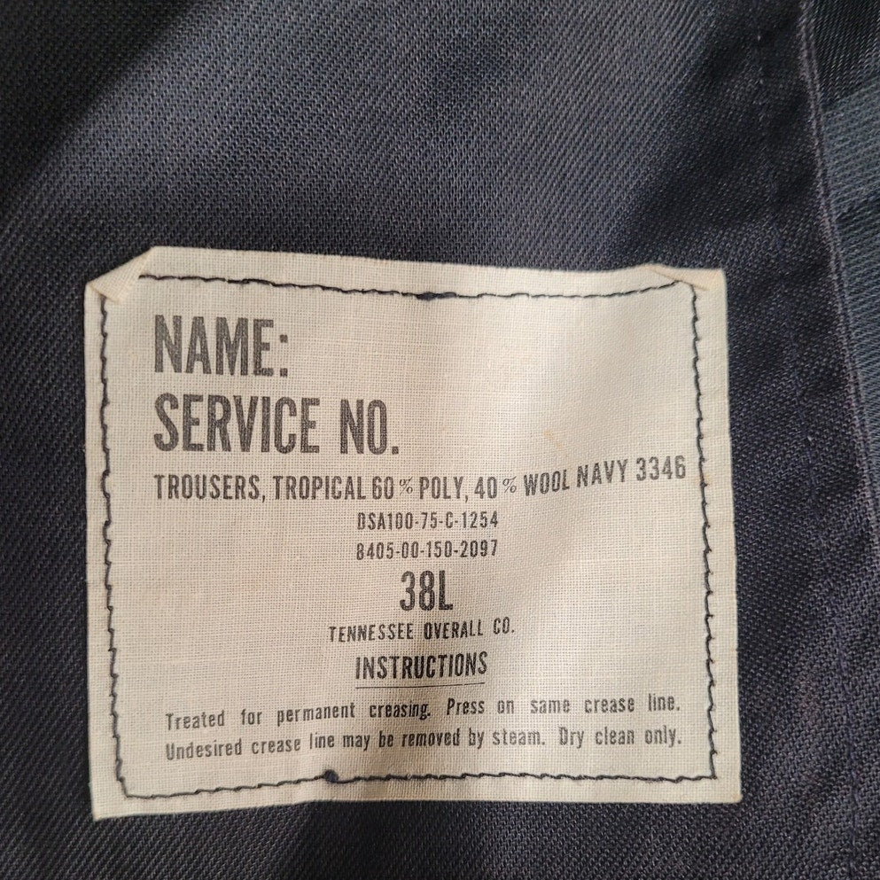 1975 US Military Dress Trousers - 38L - Navy Blue Shade 3346 - 60/40 Poly-Wool