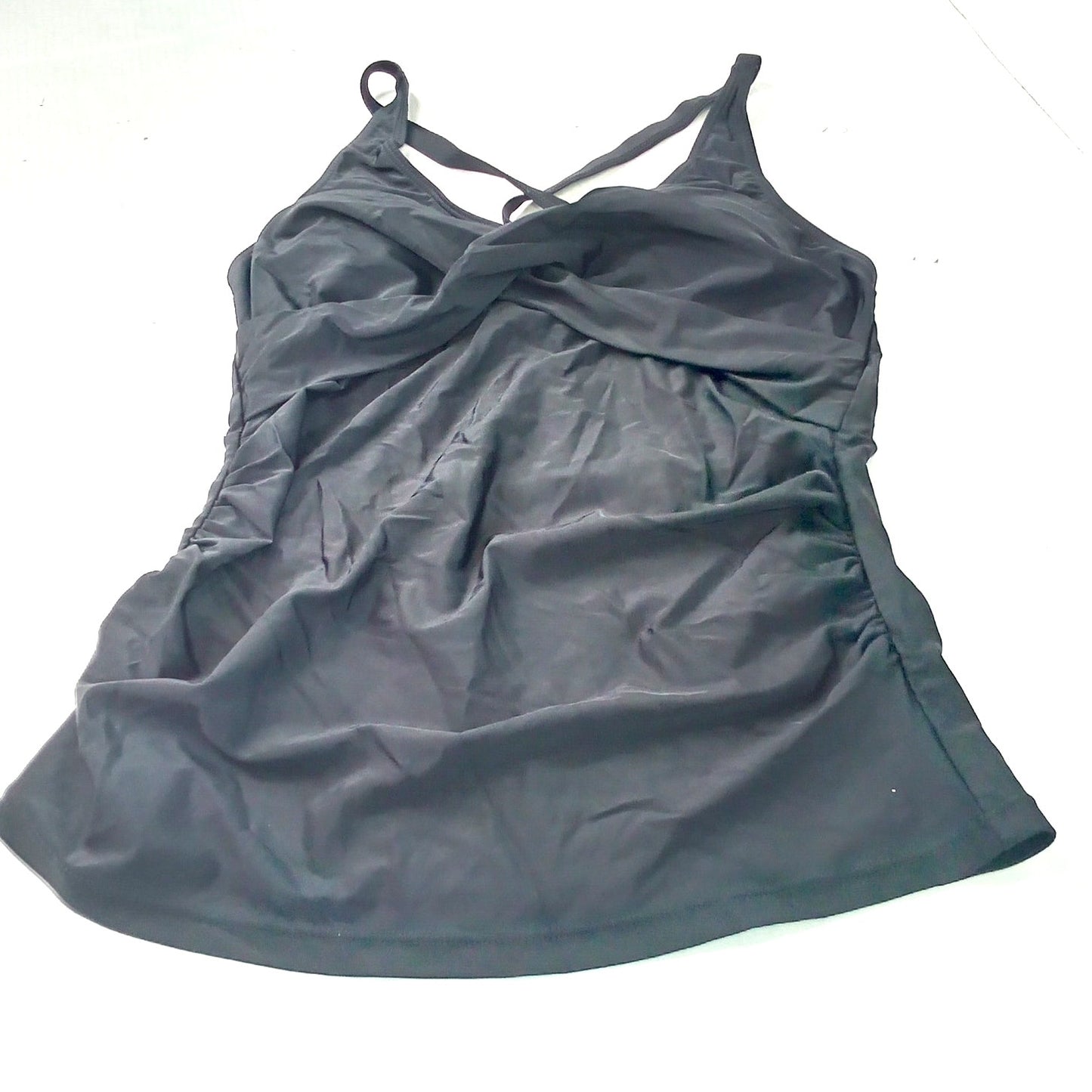 SummerMae Black Tankini Swim Top Women’s Large Crossback Ruched Front