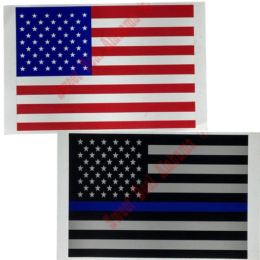2 - 3" x 4.25" Flag Decals- (1) Thin Blue Line Flag Police Support & (1) US Flag
