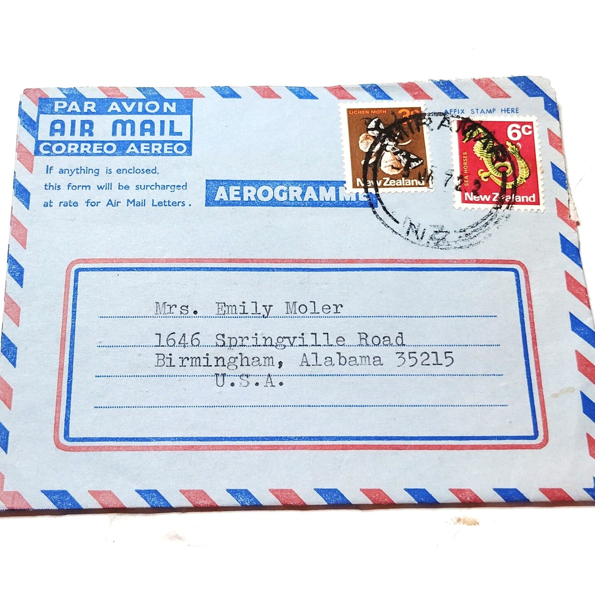1972 New Zealand Aerogramme Cover 3c Lichen Moth & 6c Seahorse Stamps Airmail