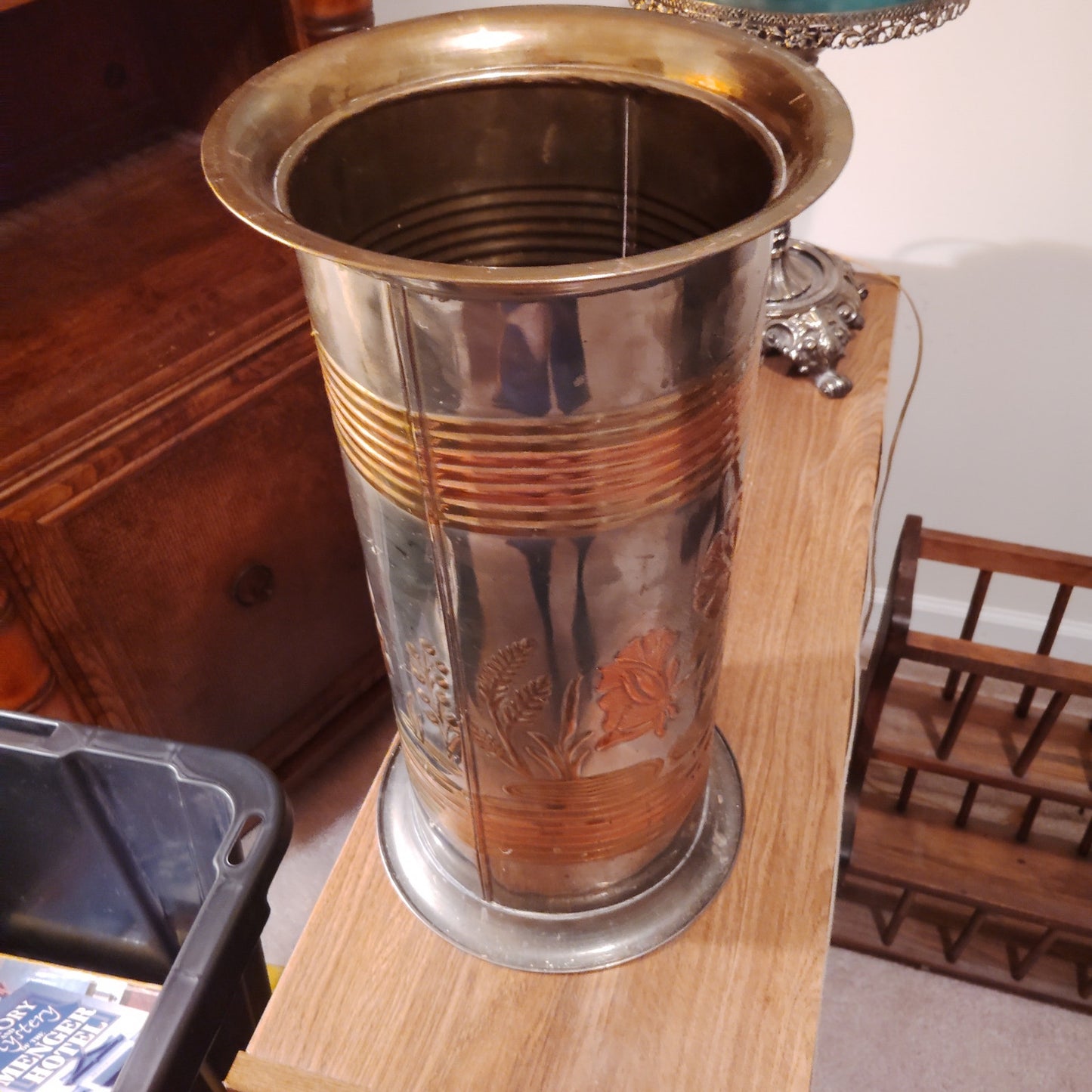 Vintage Embossed Brass and Copper Metal Umbrella Stand, India 20th Century