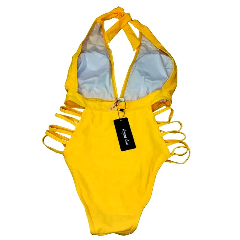 Aqua Eve Sexy One Piece Halter Plunge V Neck Cutout Swimsuit Neon Yellow S (4-6)