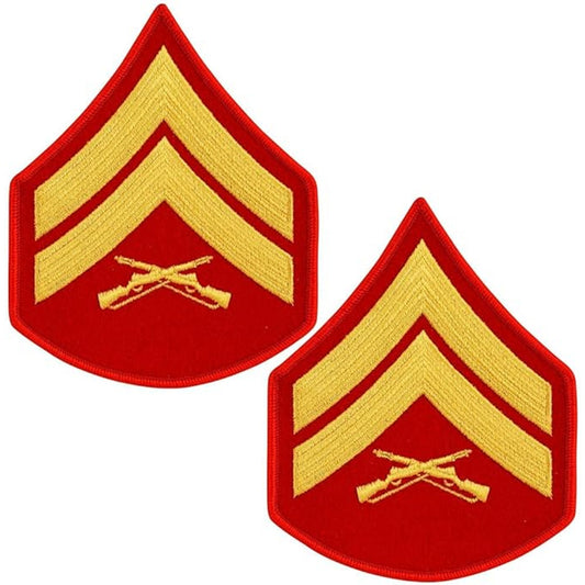 USMC Corporal E‑4 Female Novelty Chevrons Gold on Red 3‑1/4" × 2‑3/4" Pair