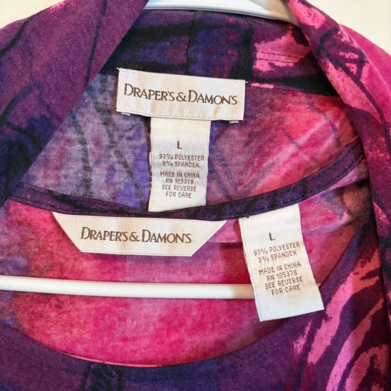 Draper's & Damon's Pink Purple Floral 2-Piece Top & Cover Set w/ Necklace L