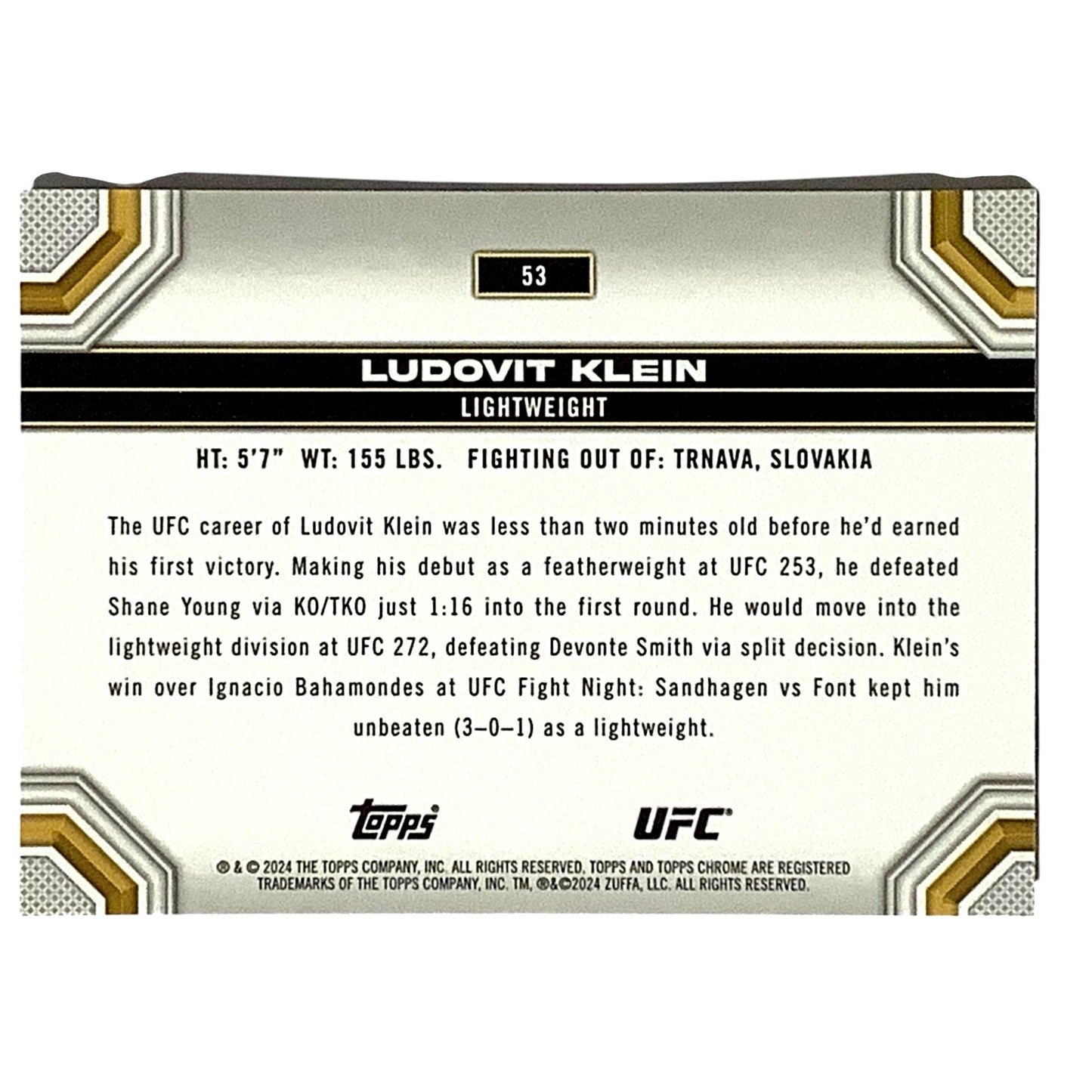 Ludovit Klein, Lightweight, UFC Card 53, 2024 Topps Chrome UFC NM+
