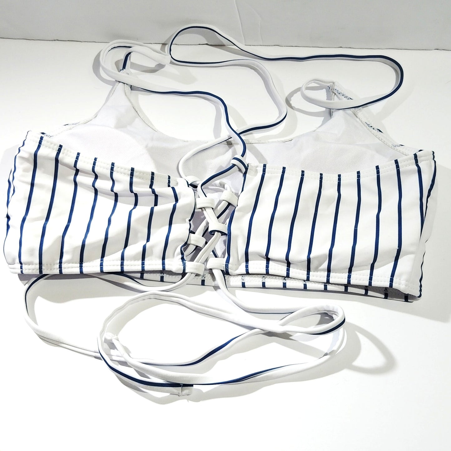 Vertical Stripe Bikini Top – White/Navy – SM (32-34" Bust) – Scoop Neck – NWOT