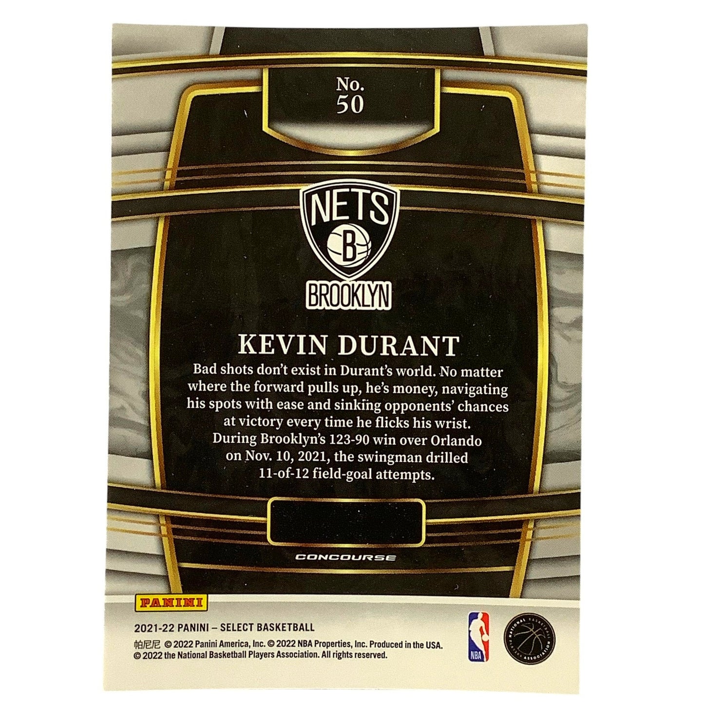 Kevin Durant, Brooklyn Nets, Card #50, 2021-22 NBA Panini Select