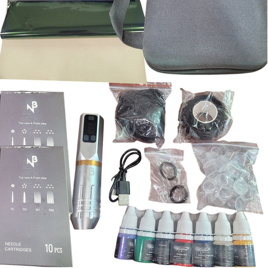 Wireless Tattoo Machine Kit, 20 Needles, 7 Inks, Cups, Covers, Transfer Paper, Practice Skins