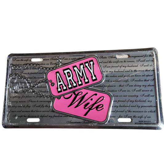 U.S. Army - Army Wife - 12" x 6", Pink/Silver/Black Car Tag, Made in U.S.A.