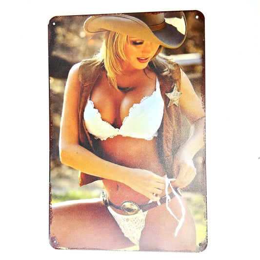 Cowgirl Pin Up Tin Sign 12×8 Western Bikini Sheriff Retro Metal Wall Art Decor