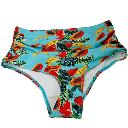 Sporlike Tropical High Waisted Bikini Bottom Medium Blue Fruit Print Swim NWOT