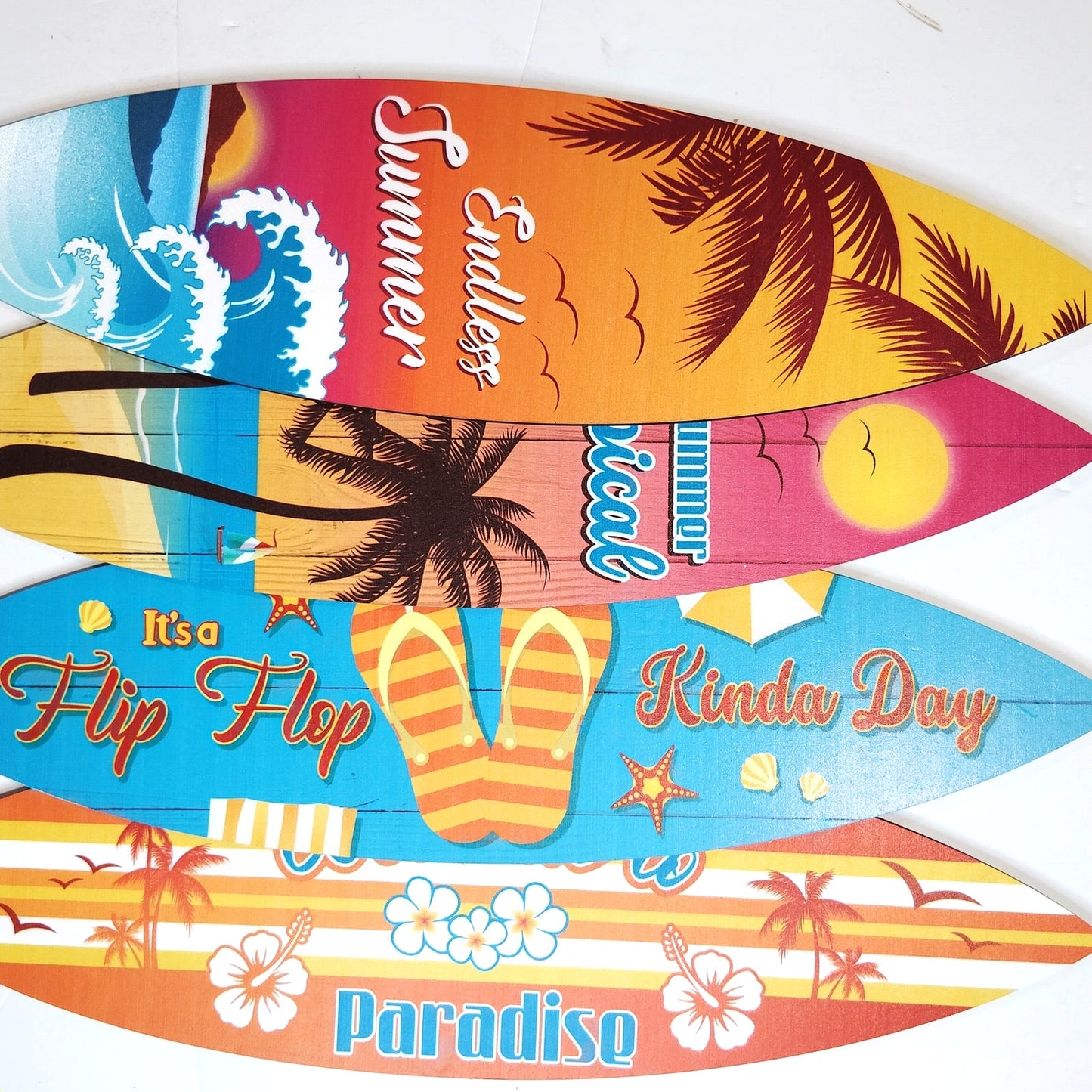 Surfboard Wall Decor Set 4‑Pack Summer Beach Signs Hanging Wood 15-3/4" × 4-1/2"