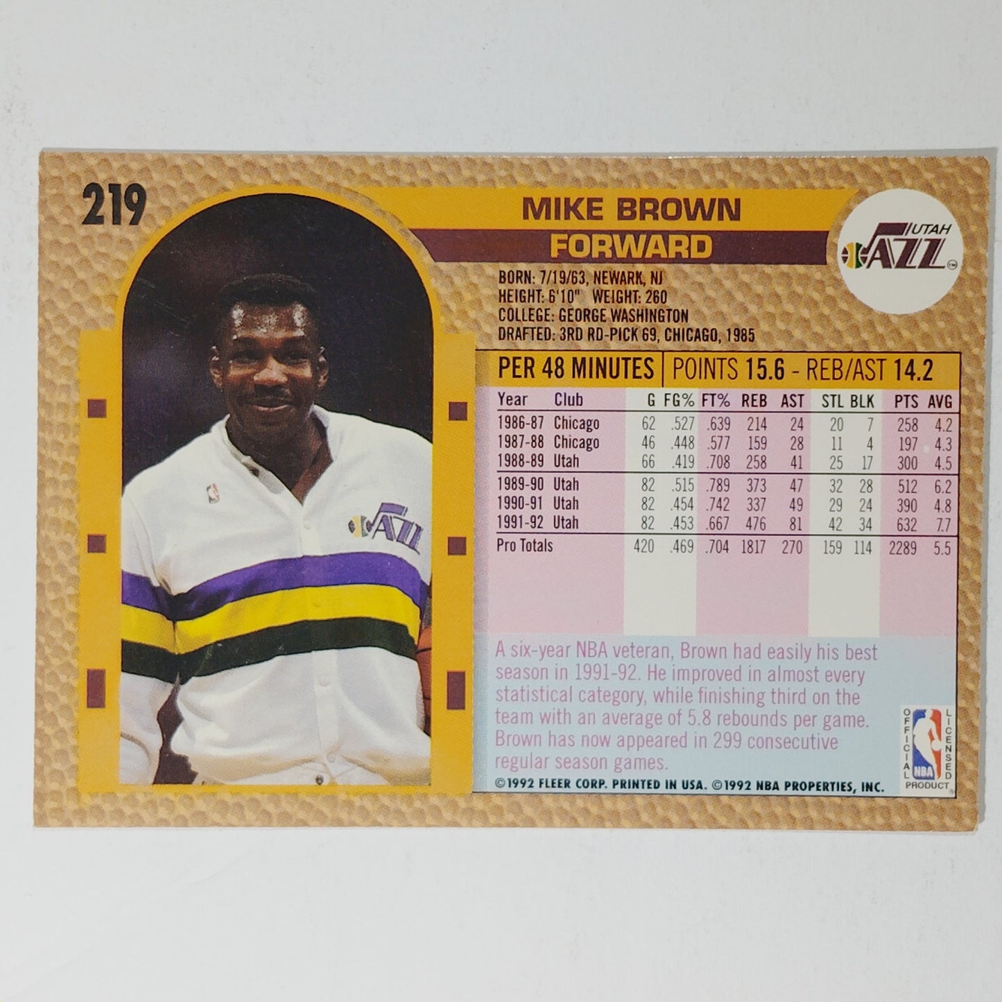 1992–93 Fleer Mike Brown #219 – Utah Jazz – Center – VG/EX