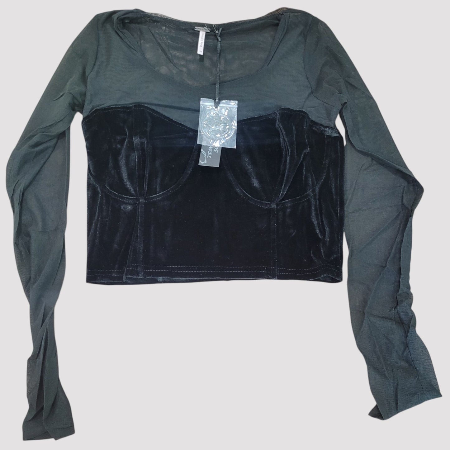 Poof Apparel Women’s Black Mesh Velvet Crop Top – Medium