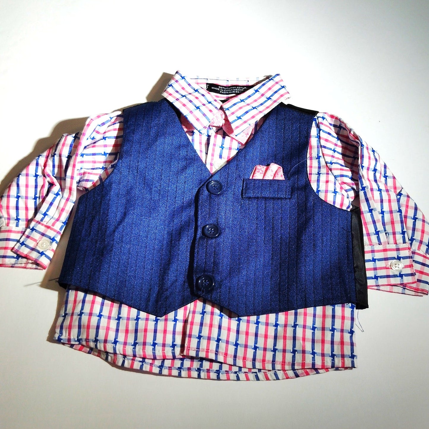 Andrew Fezza 3PC Vest Shirt Tie Dress Outfit Pink Blue Plaid 6/9 Months