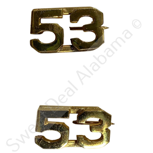 c.1910s Numeric "53", Brass Military C-Clasp Hat / Lapel / Collar Pins Set 3/8"H