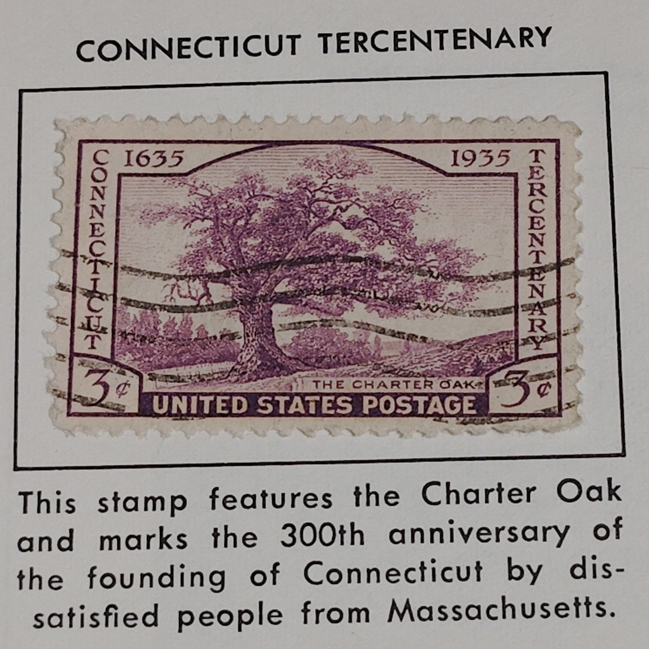 1935 3¢ Connecticut Tercentenary Stamp – Charter Oak – Scott #772 – Canceled