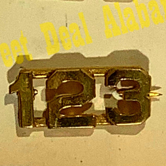 Early/Mid 1900s Brass C-Clasp Number "123" Collar Device 3/8"H Hat / Lapel Pin