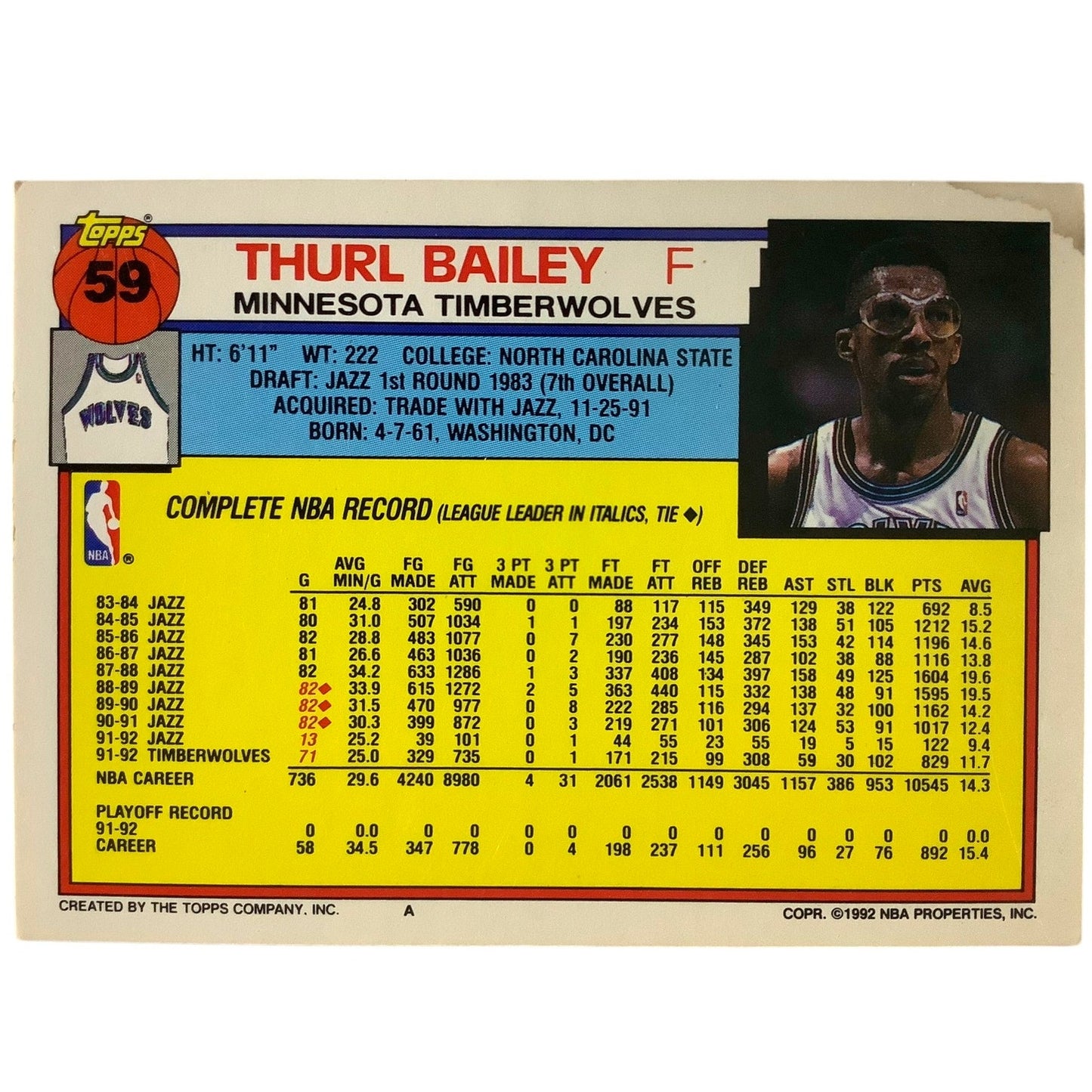 Thurl Bailey, Minnesota Timberwolves, 1992 Topps Collector's Card 59, EXC