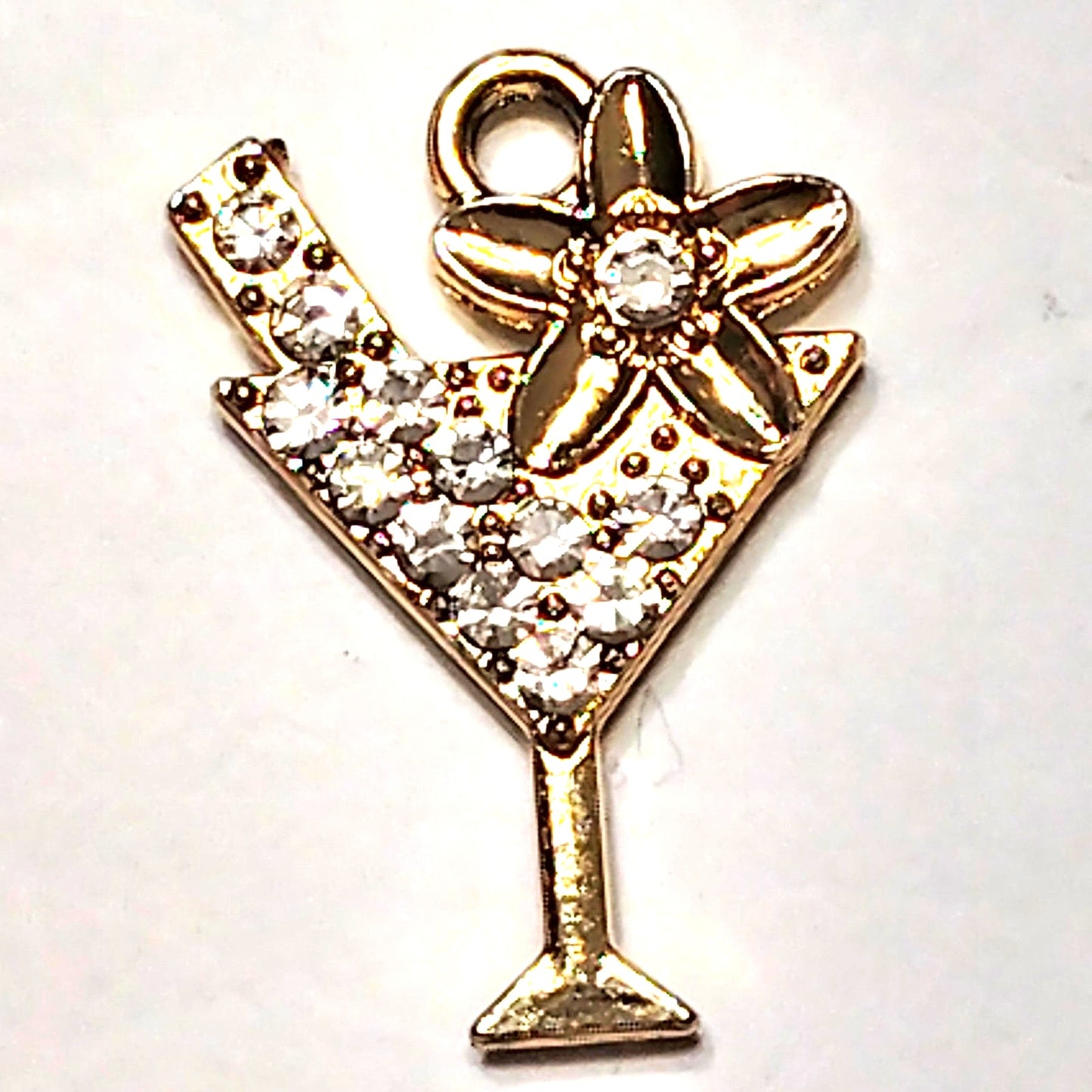Martini Cocktail Charm Gold‑Tone Crystal‑Filled Glass w/ Floral Accent 5/8"