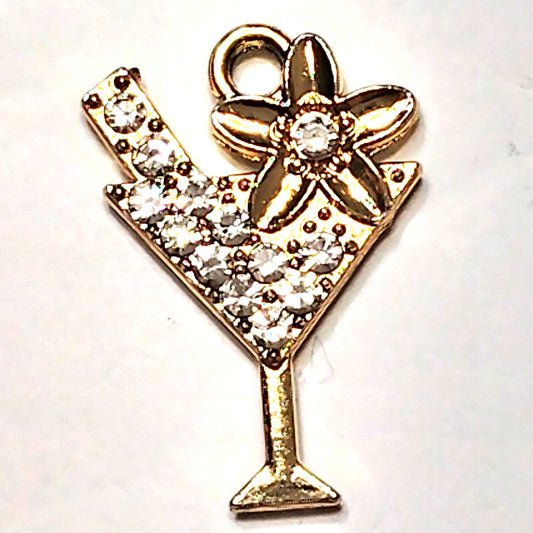 Martini Cocktail Charm Gold‑Tone Crystal‑Filled Glass w/ Floral Accent 5/8"