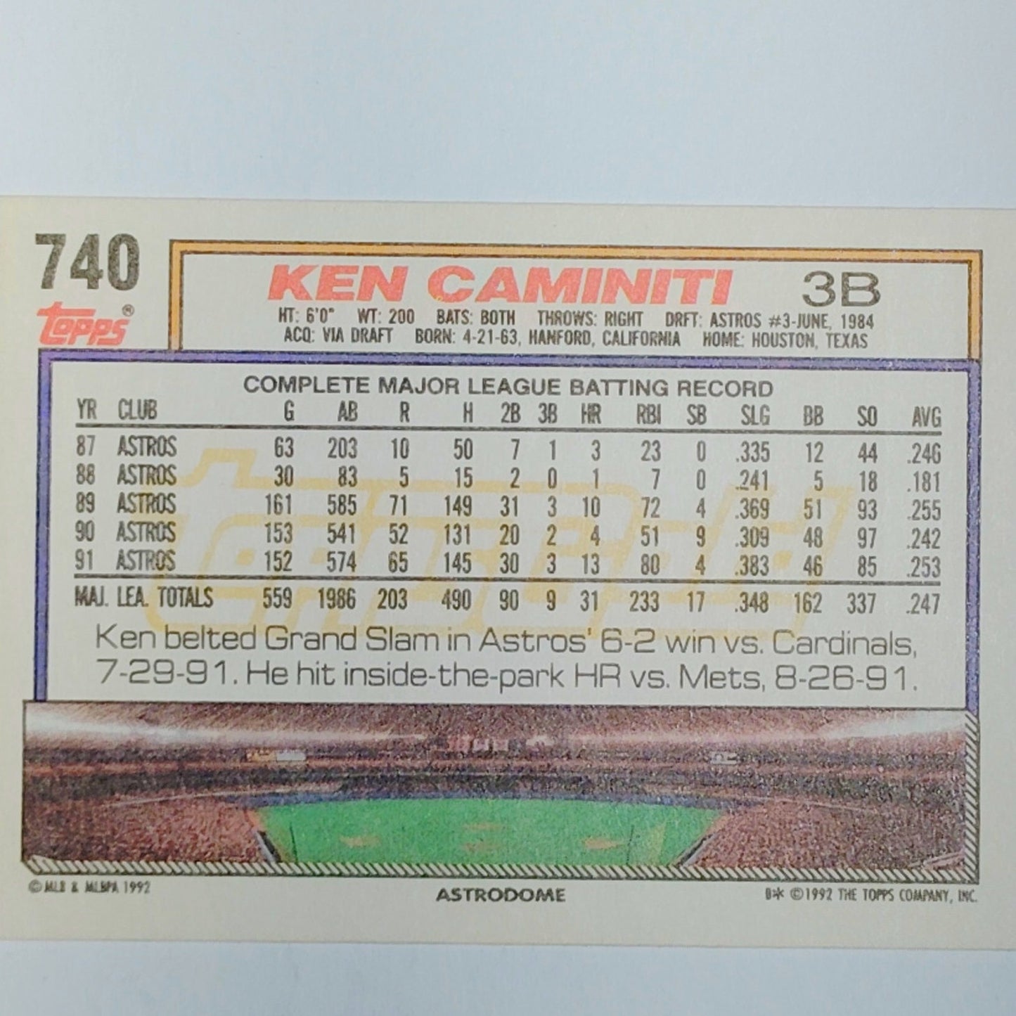 1993 Topps #740 Ken Caminiti Gold Foil Winner Houston Astros Third Baseman VG/EX