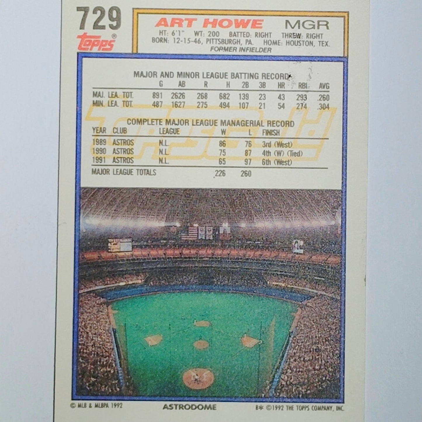 1993 Topps #729 Art Howe Gold Foil Winner Houston Astros Manager - VG/EX