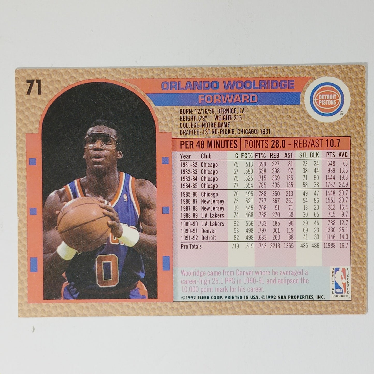 1992–93 Fleer Orlando Woolridge #71 – Detroit Pistons / Los Angeles Lakers