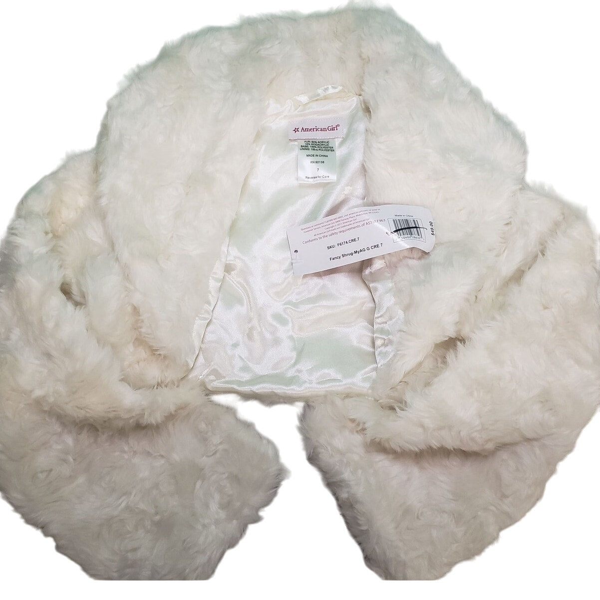 American Girl Faux Fur Cream Fancy Shrug Short Jacket For Girls, 7, NWT