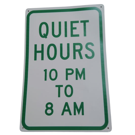Quiet Hours 10 PM to 8 AM – 12x8 Vintage Tin Metal Sign – Green & White Wall Décor for Campgrounds, Dorms, or Shared Spaces