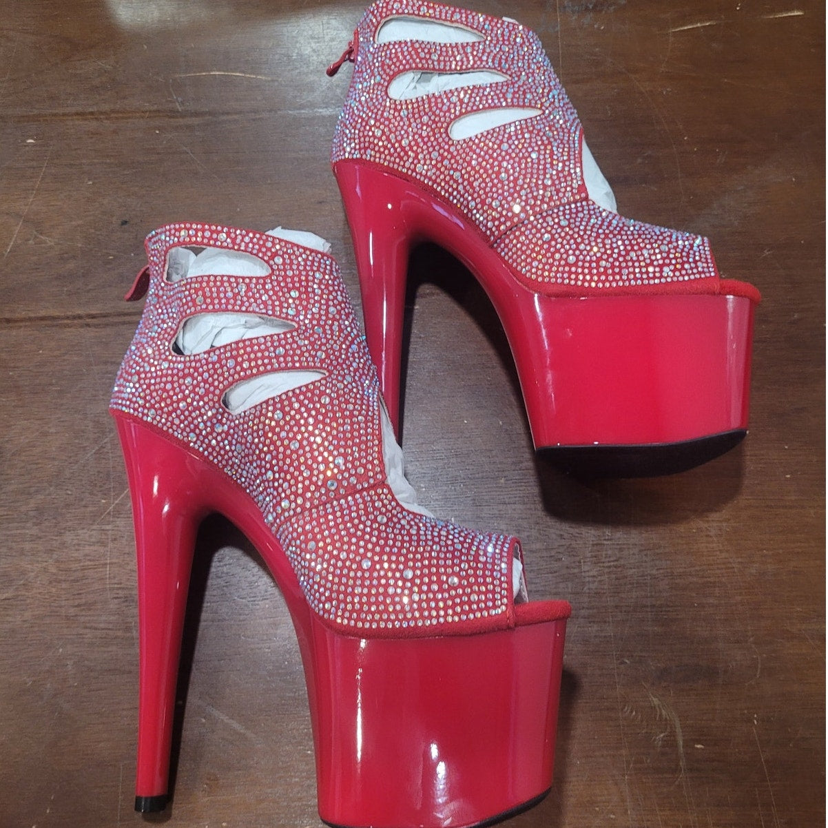 Ellie Shoes Red Ankle Boots w/ Rhinestones, 709-WENDY Size 7, Platform Stiletto