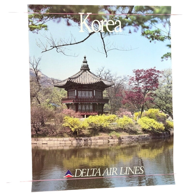 Original 70's Delta Air Lines Korea Travel Poster - Asian Pagoda View, 28" x 22"