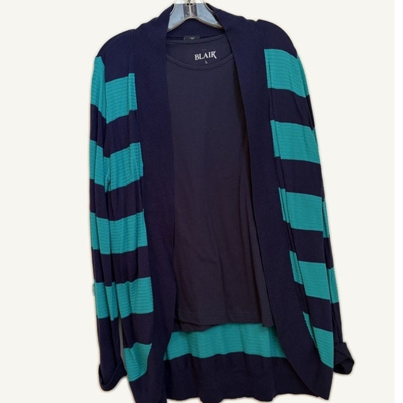 Blair Navy Long Sleeve Top & Faded Glory Striped Open Cardigan 2PC Set