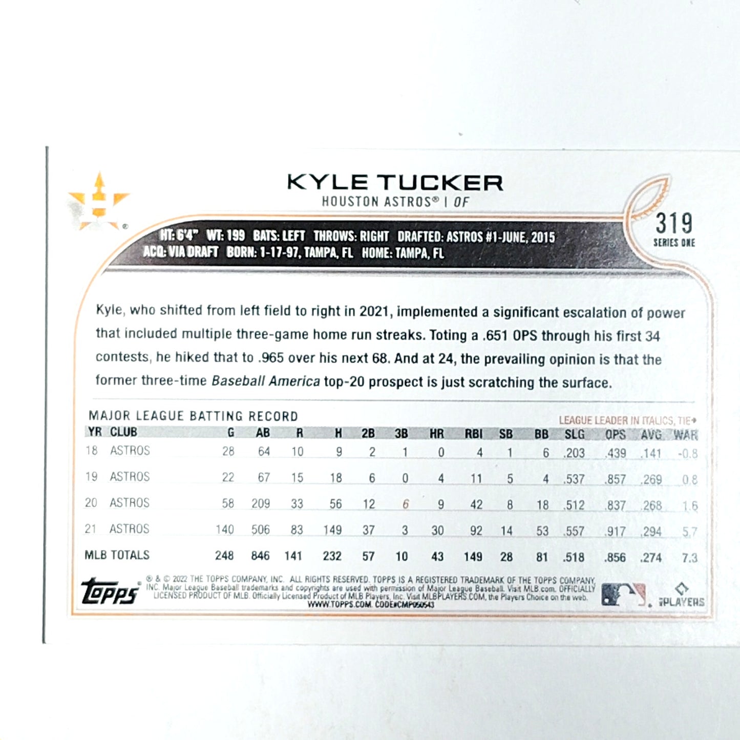 2022 Topps Series 1 #319 Kyle Tucker Houston Astros Outfielder - VG/EX