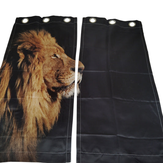 2 Panels Lion Graphic Curtains On Black Background, 42"W x 40"L (Excludes Rings)