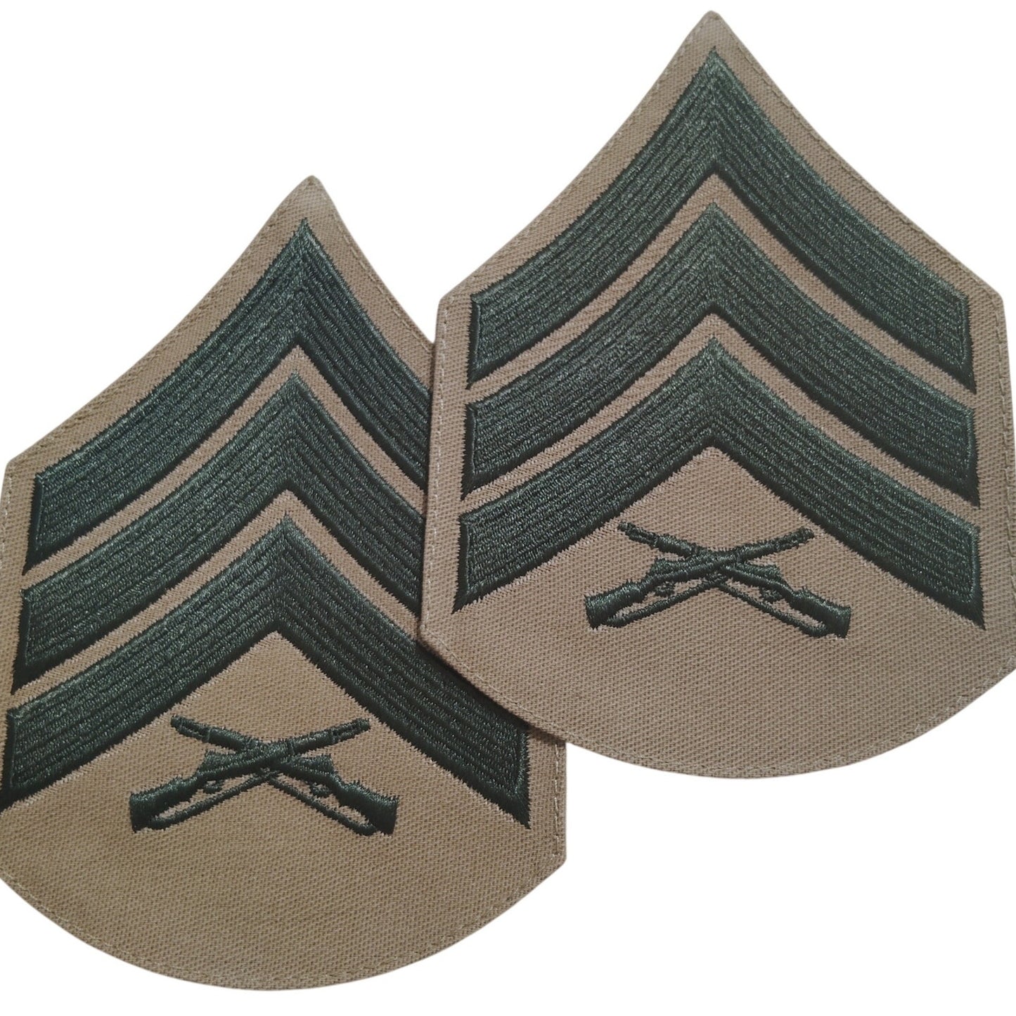 1 Pr. USMC Sergeant E‑5 Chevrons Set – Green on Khaki – Female – 3‑1/2" × 2‑3/4"