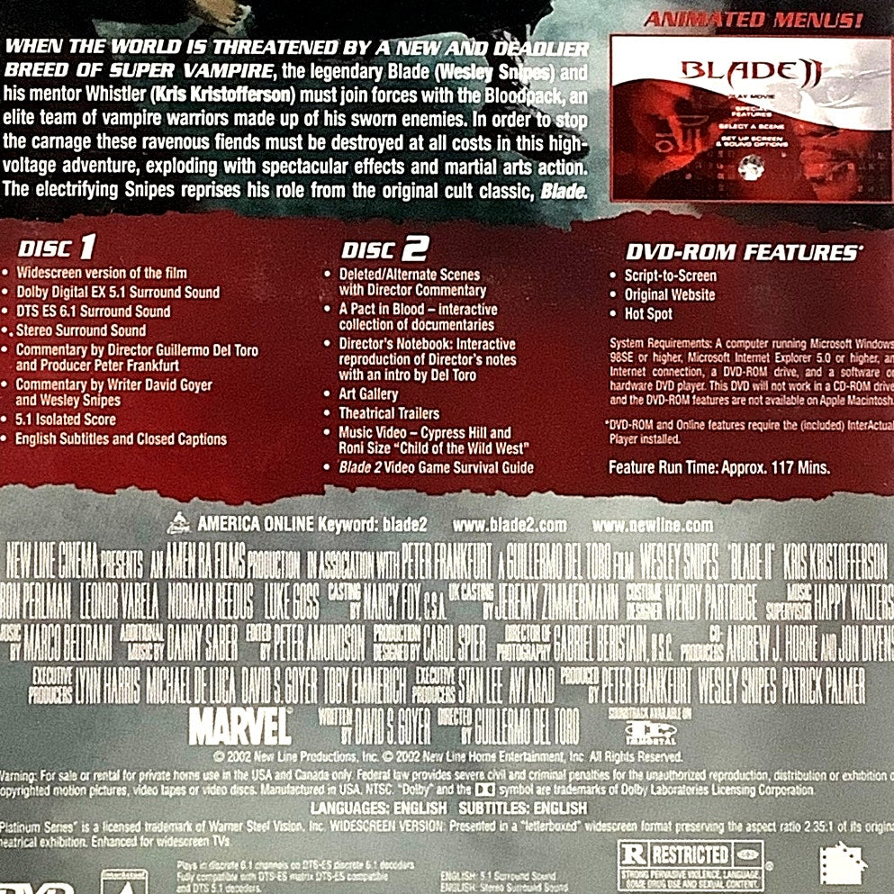 Blade II, Marvel 2-Disc Special Edition (DVD 2002) Wesley Snipes, "R" Action