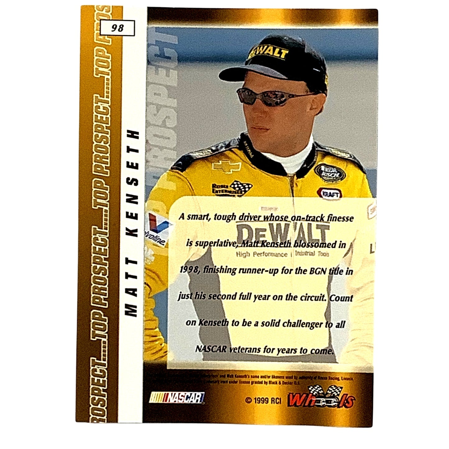 Matt Kenseth, Top Prospect #17, DeWalt, 1999 Wheels Rookie Card #98, NASCAR, NM+