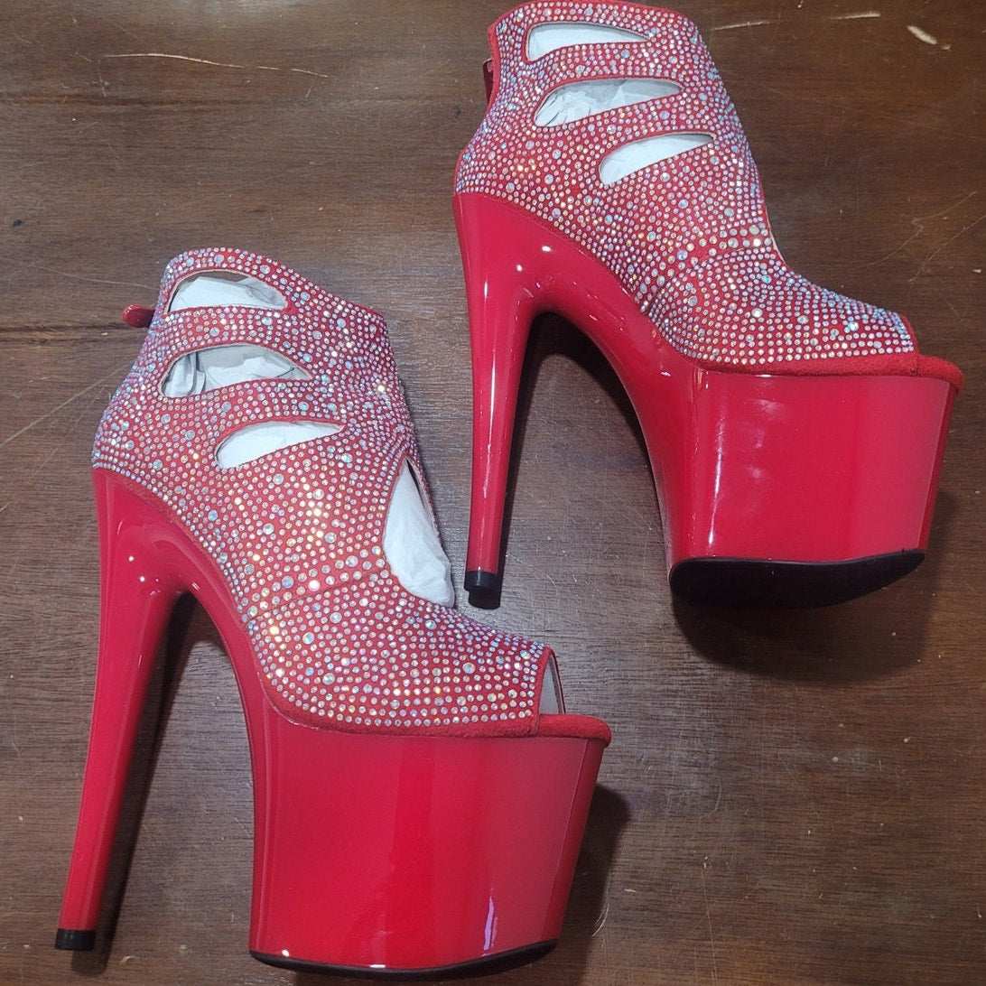 Ellie Shoes Red Ankle Boots w/ Rhinestones, 709-WENDY, Size 6, Platform Stiletto