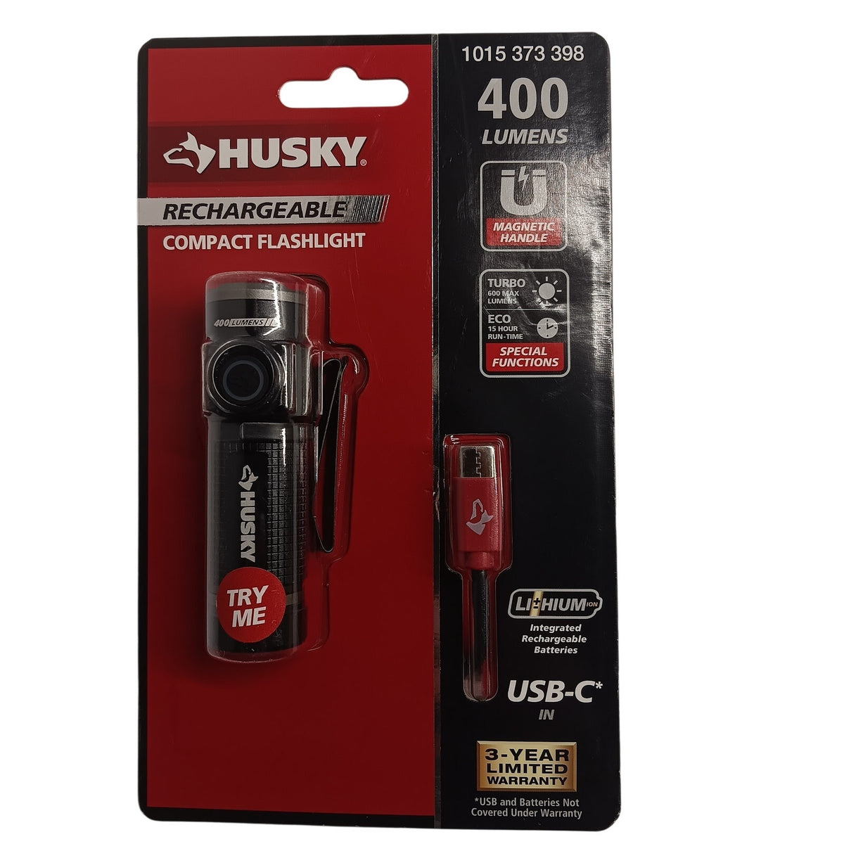 Husky 400 Lumens Rechargeable Compact EDC Flashlight USB-C Magnetic Clip