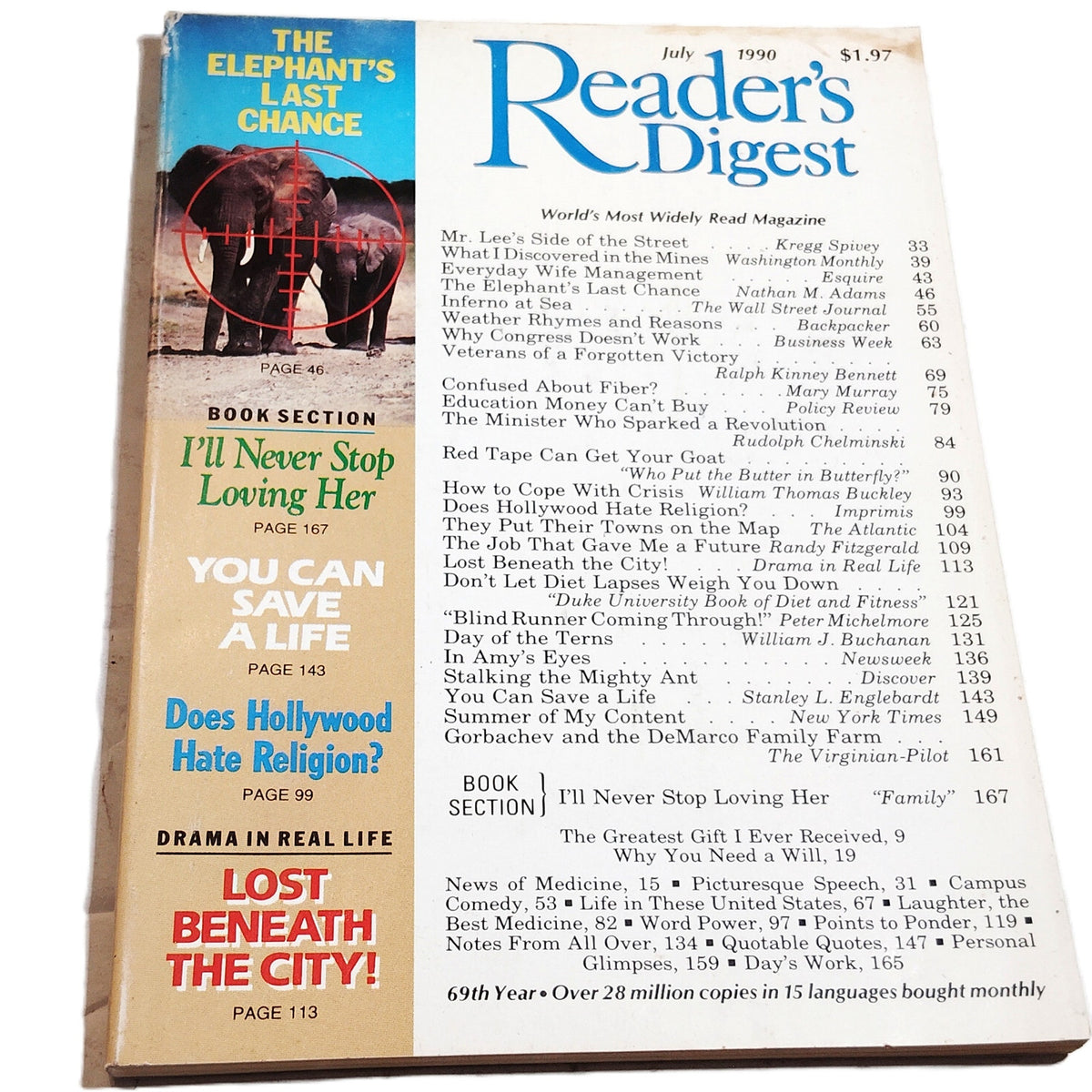 Reader's Digest July 1990 Vintage Magazine Back Issue - Elephant Cover