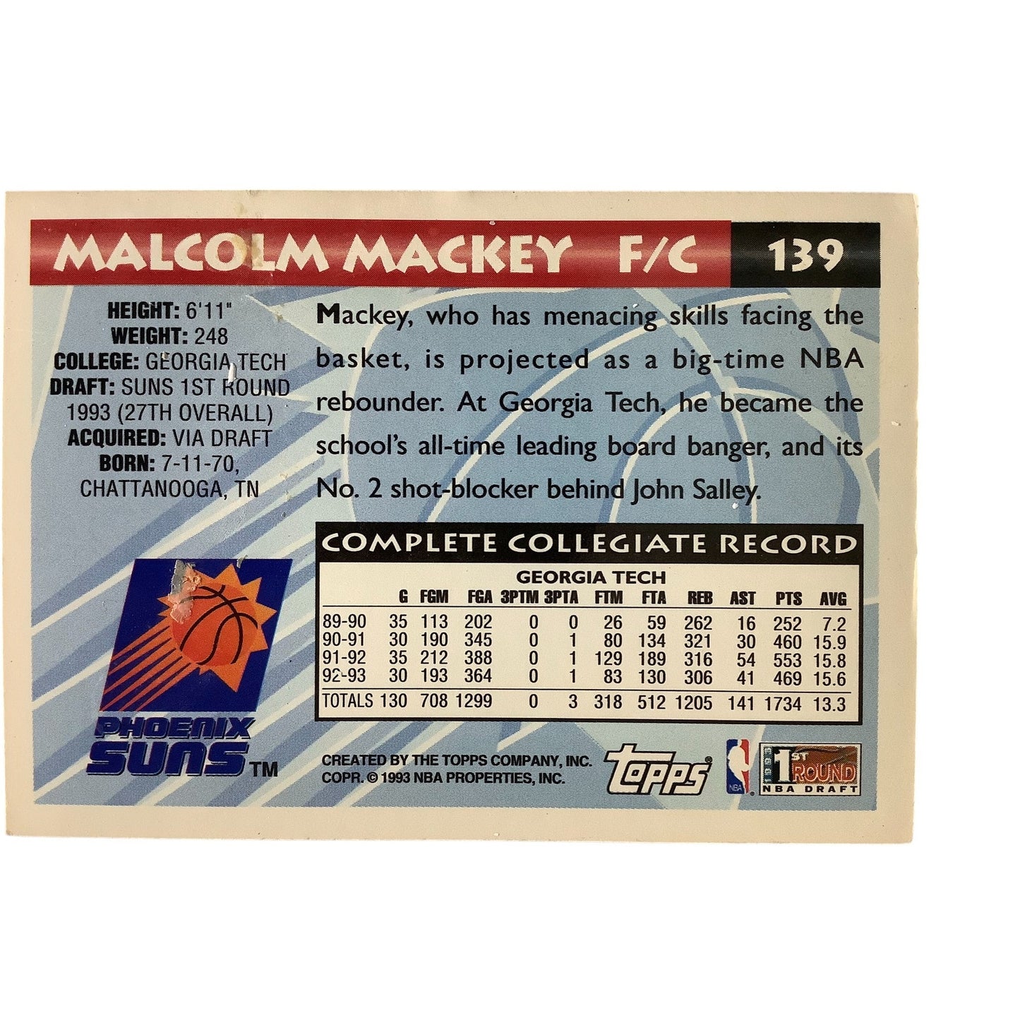 Malcolm Mackey, Suns, 1993 Topps First Round NBA Draft Card 139, VG