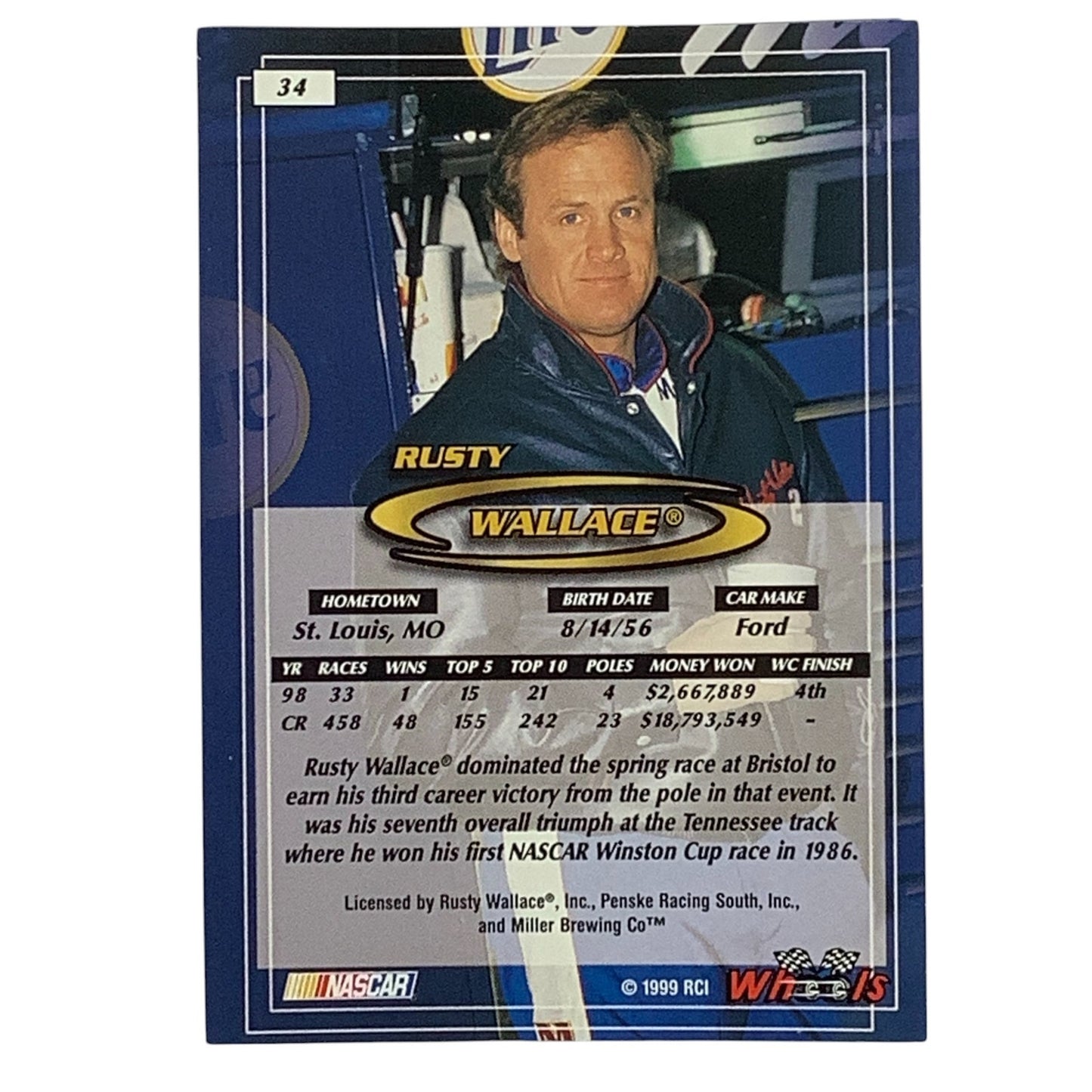Rusty Wallace, Sponsor: Miller Lite, Card 34 1999 Wheels NASCAR Winston Cup, NM+