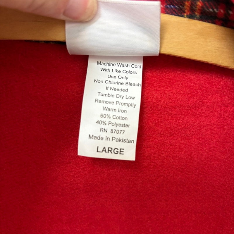 Collections Etc. Red Fleece Jacket with Plaid Cuffs & Collar - Women's L