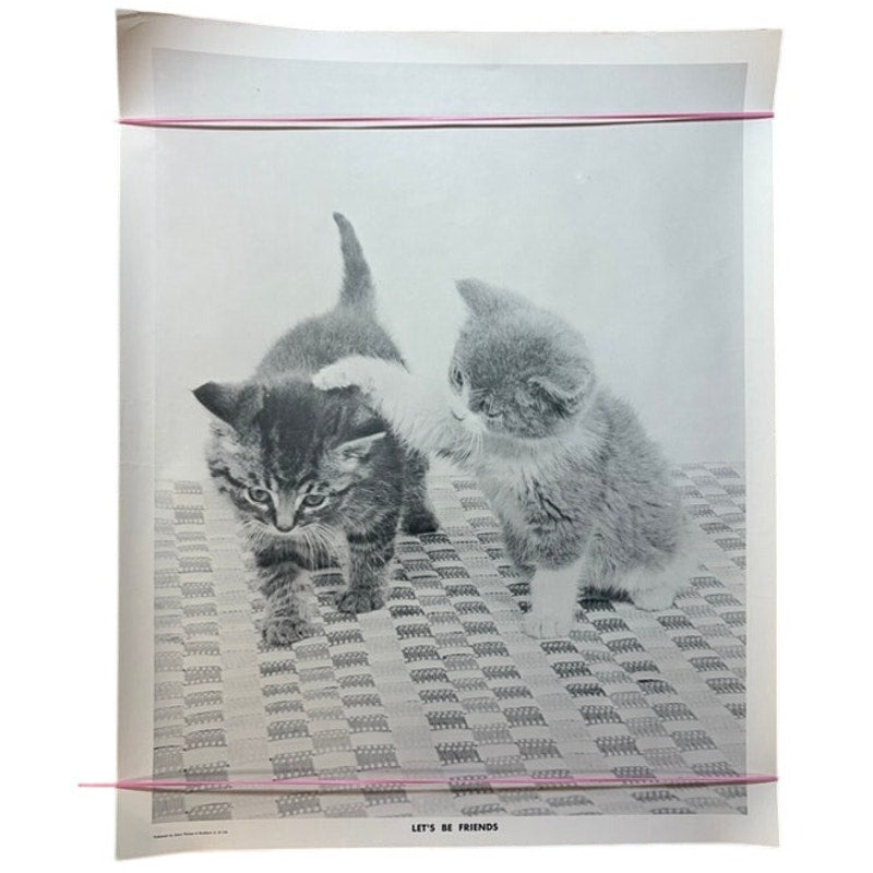 Vintage "Let's Be Friends" Black & White Kitten Art Print Poster - 20" x 16"
